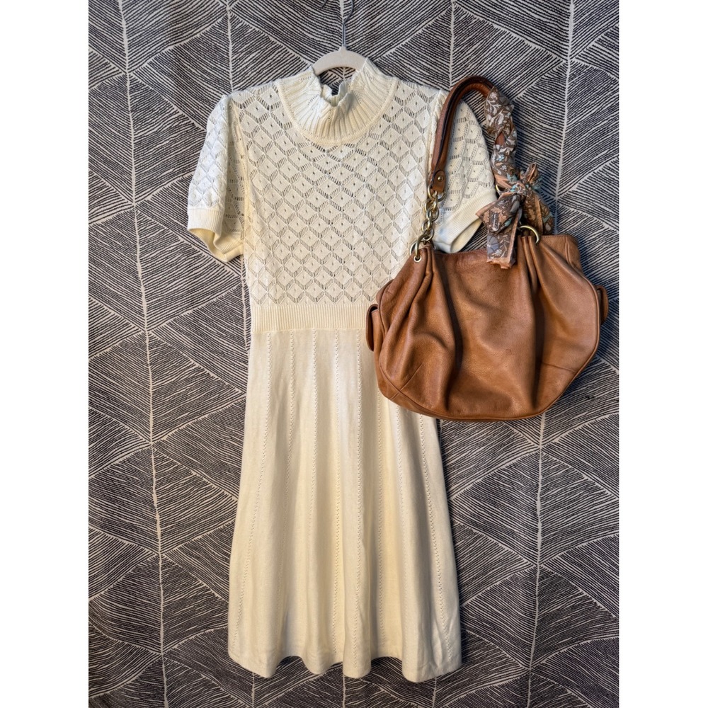 Ivory Knit Dress Short Sleeve Mock Neck‎ Diamond Pattern L